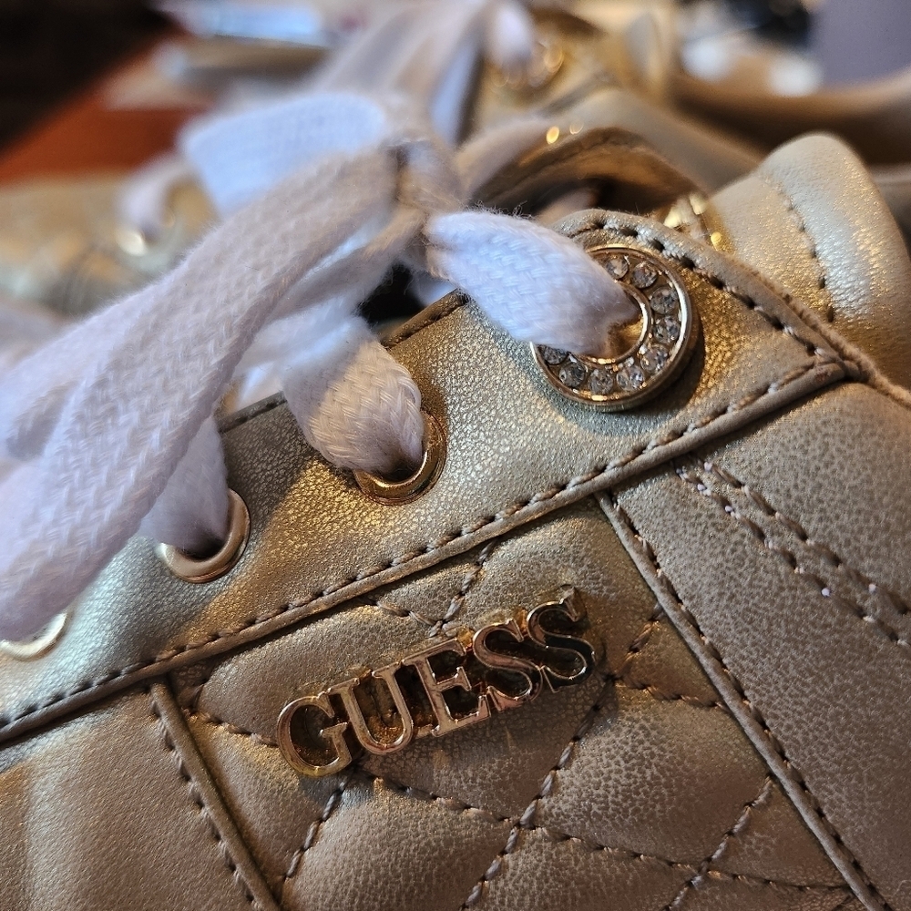 GUESS Size 6.5 Metallic Gold Bling Sneakers - Picture 4 of 7